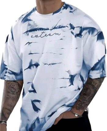 Men’s Tie-Dye Printed T-Shirt | Premium Cotton Stylish Casual Half Sleeve Tee (White & Blue)