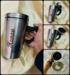 Stainless steel coffee mug 400 ml personalize with name | Custom Printed Travel Mug with Lid & Handle