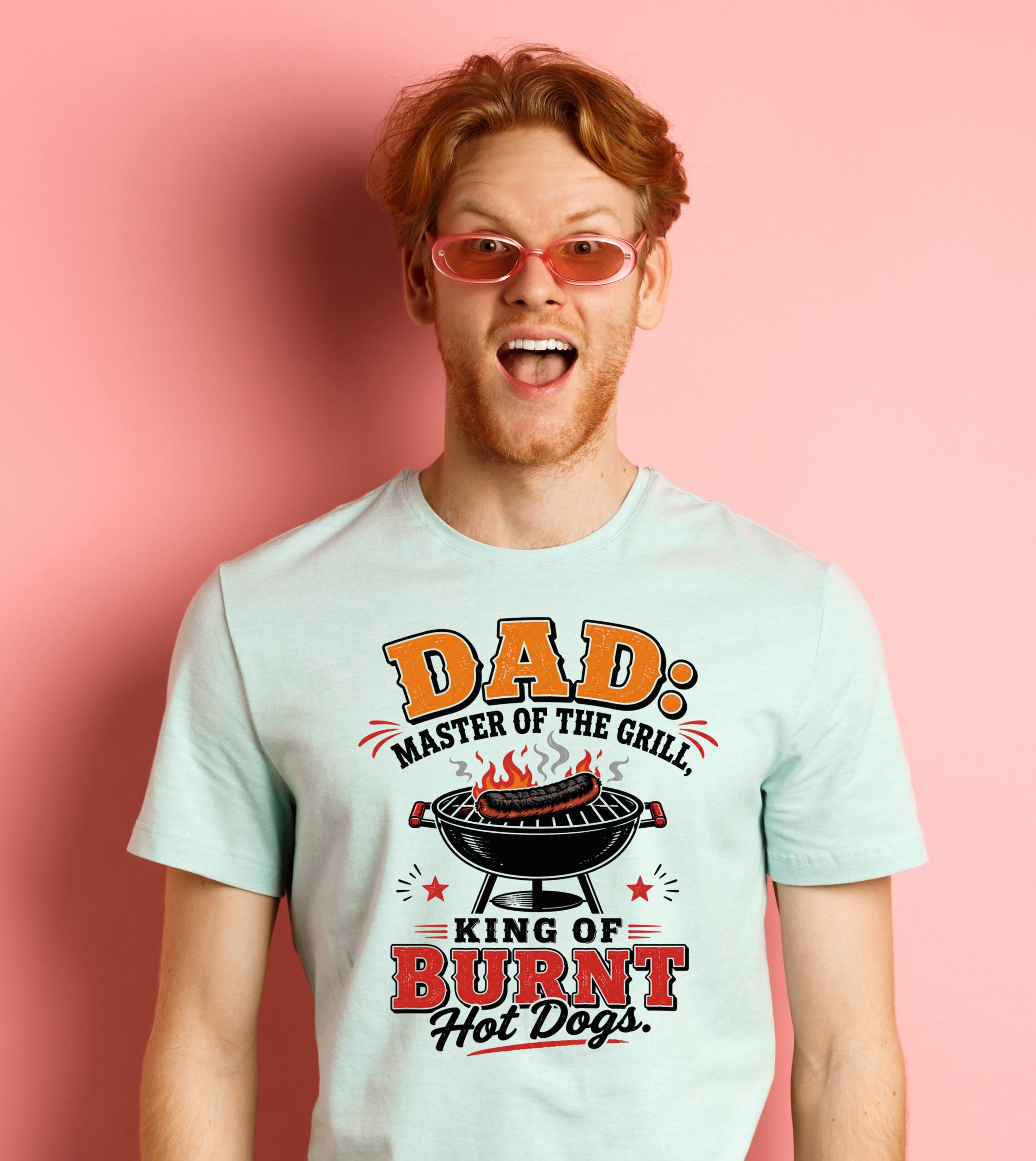 Image of surprised redhead man on vacation, wearing sunglasses with summer t-shirt, open mouth and saying wow amazed, standing over pink background