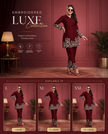 Women's Maroon Embroidered Kurta Pant Set